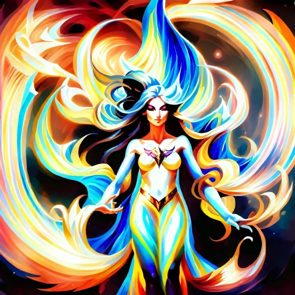 Prompt: Promethea, the goddess with her striking appearance and powerful presence, embodies a combination of beauty, strength, and magic. With her flowing red, gold, silver, and white robes inspired by iconic figures like Medusa and Wonder Woman, she exudes a regal aura. Her muscular arms and wide physique suggest both physical prowess and divine grace, while her staff, burning with purple, blue, and yellow fire, symbolizes her mystical abilities. Promethea represents a captivating mix of femininity and might, a true symbol of myth and wonder.