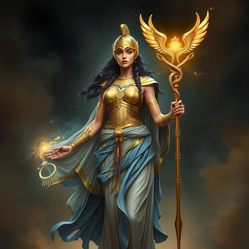 Prompt: When Promethea is fully manifested, she often takes on a more divine, ethereal appearance that transcends specific ethnic characteristics, reflecting a universal or mythological presence.Promethea is usually depicted wearing a flowing, ancient Greek-inspired outfit that resembles a warrior's attire, often with a cape and helmet. Her costume is adorned with mystical symbols, reflecting her role as a goddess-like figure. The colors of her attire can vary, but they often include gold, blue, and white, symbolizing purity, wisdom, and divine power. The caduceus SHE HOLDS is a staff entwined by two serpents and topped with wings, traditionally associated with Hermes, the messenger god in Greek mythology. In Promethea's context, the caduceus represents the merging of opposites, such as life and death, or matter and spirit. It symbolizes healing, transformation, and the balance of forces in the universe, aligning with Promethea's role as a mystical and transformative figure.