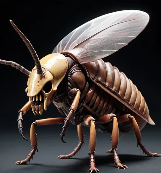 Prompt: A monster that looks like a bipedal cockroach with wings, has sharp schytes as arms and wears a canine skull as helmet