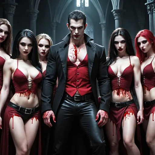 Prompt: Seven very fit, fierce, muscular and hot vampire girls covered in blood are obeying and serving a normal man like he is their king and savior