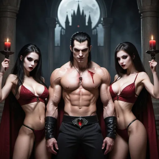 Prompt: Very fit hot vampire girls obeying and serving a strong man like he is their king and savior
