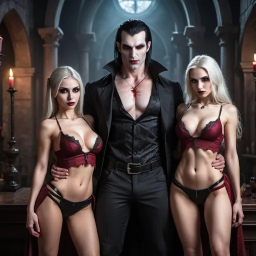 Prompt: Very fit hot vampire girls obeying and serving a strong man like he is their kind and savior