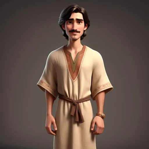 Prompt: Disney pixar character, 3d render style, A tall, 17 year old handsome young adult fair skinned character, a shoulder length dark hair, thin mustache, wearing a closed chest linen kaftan and sandals, natural soft lighting, warm earthy tones, realistic style, ultra-detailed, head to toe portrait.