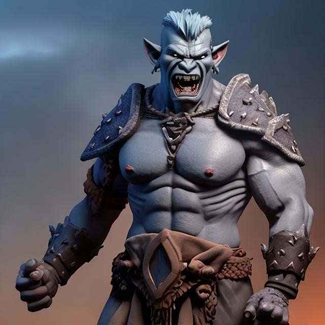 Prompt: A front full body photo of a Male half orc, blue-gray tinged skin, tall, medium build, paladin, holy symbol, tatooes on head, realistic, 4k, large legs and leather shoe standing on a rock, big toothy smile
