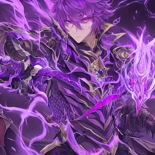 Prompt: HD highly detailed master piece of a male dragon born with purple draconic eyes and purple hair, has dragon armor