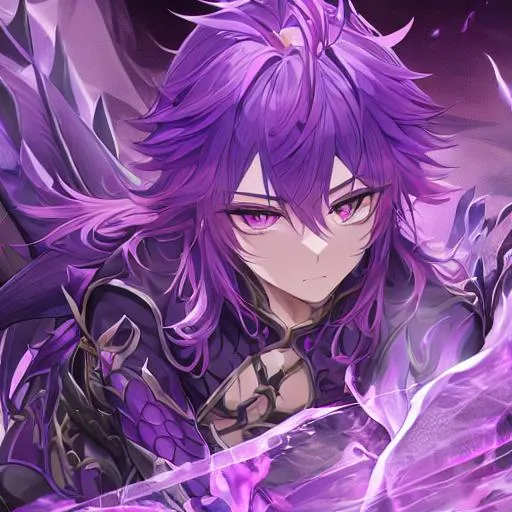 Prompt: HD highly detailed master piece of a male dragon born with purple draconic eyes and purple hair, has dragon armor