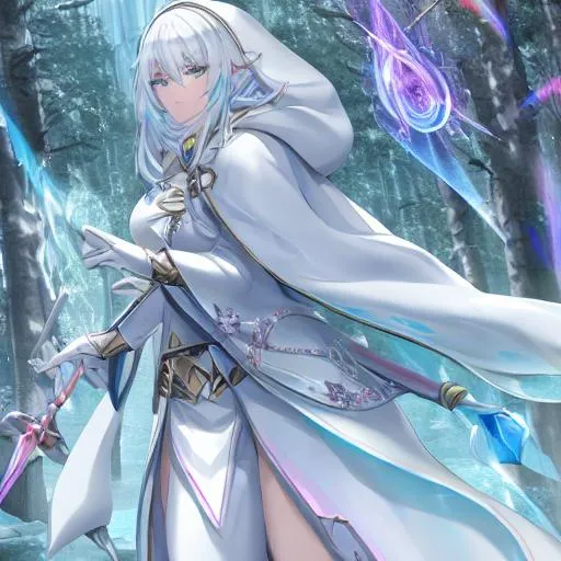Prompt: HD highly detailed master piece of a female elf wizard with a white cloak with a hood and a birch staff with rainbow quarts in the staff