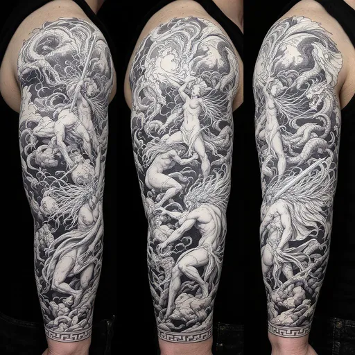 Prompt: Create me a black and white fineline, highly detailed, full sleeve arm tattoo. I want Greek, Roman and Norse mythological figures, battling each other, figures to include but not excluded to Cerberus, Medusa, Thor and Freya. In the background there needs to be carrion,birds,dragons, forests and clouds. In a classical style.
