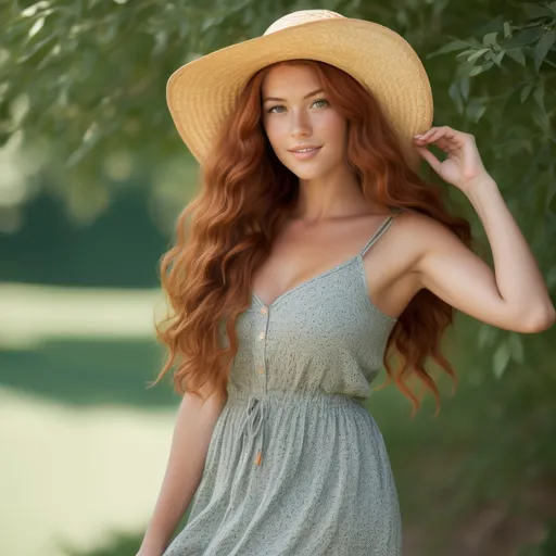 Prompt: She is a woman who is multiracial of Dutch, Persian, and Japanese origin with Breathtakingly Gorgeous features. She has long, wavy red hair and grey eyes, and her skin tone is olive complexion while standing at 6 foot four tall and 198 lbs with an athletic build. She is currently wearing a sundress with a straw hat. Her hair is 90 centimetres long.