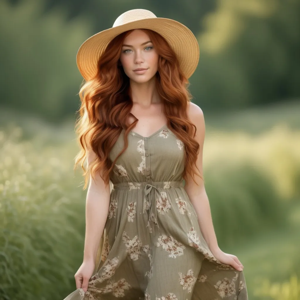 Prompt: She is a woman who is multiracial of Dutch, Persian, and Japanese origin with Breathtakingly Gorgeous features. She has long, wavy red hair and grey eyes, and her skin tone is olive complexion while standing at 6 foot four tall and 198 lbs with an athletic build. She is currently wearing a sundress with a straw hat. Her long, wavy red hair is 95 inches longer.