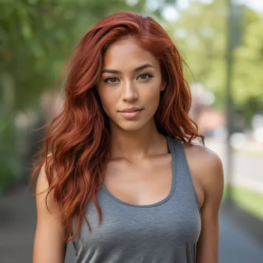 Prompt: She is a woman who is multiracial of Dutch, Persian, and Japanese origin with Breathtakingly Gorgeous features. She has red hair, grey eyes, and her skin tone is olive complexion while standing at 6 foot four tall and 195 lbs with an athletic build, wearing a tank top and shorts. Her red hair is very long and wavy.