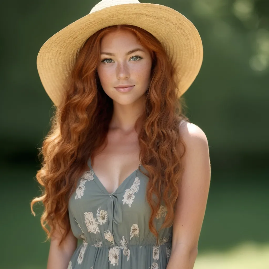 Prompt: She is a woman who is multiracial of Dutch, Persian, and Japanese origin with Breathtakingly Gorgeous features. She has long, wavy red hair and grey eyes, and her skin tone is olive complexion while standing at 6 foot four tall and 198 lbs with an athletic build. She is currently wearing a sundress with a straw hat. Her hair is 94 centimetres long.