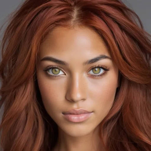 Prompt: She is a woman who is multiracial of Dutch, Persian, and Japanese origin with Breathtakingly Gorgeous features. She has red hair and grey eyes, and her skin tone is olive complexion while standing at 6 foot four tall and 200 lbs with an athletic build.