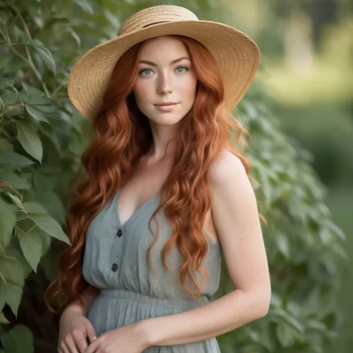 Prompt: She is a woman who is multiracial of Dutch, Persian, and Japanese origin with Breathtakingly Gorgeous features. She has long, wavy red hair and grey eyes, and her skin tone is olive complexion while standing at 6 foot four tall and 198 lbs with an athletic build. She is currently wearing a sundress with a straw hat. Her long, wavy red hair is 95 inches longer.