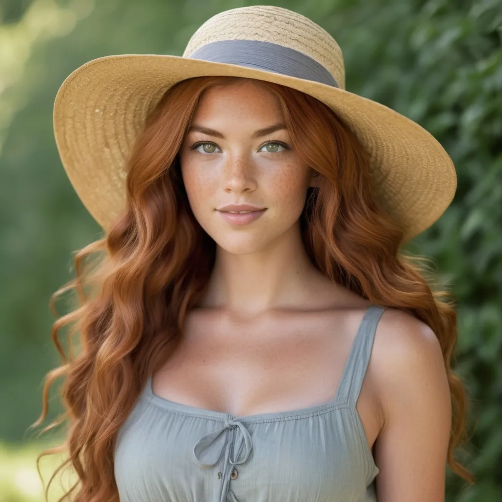 Prompt: She is a woman who is multiracial of Dutch, Persian, and Japanese origin with Breathtakingly Gorgeous features. She has long, wavy red hair and grey eyes, and her skin tone is olive complexion while standing at 6 foot four tall and 198 lbs with an athletic build. She is currently wearing a sundress with a straw hat. Her hair is 92 centimetres long.