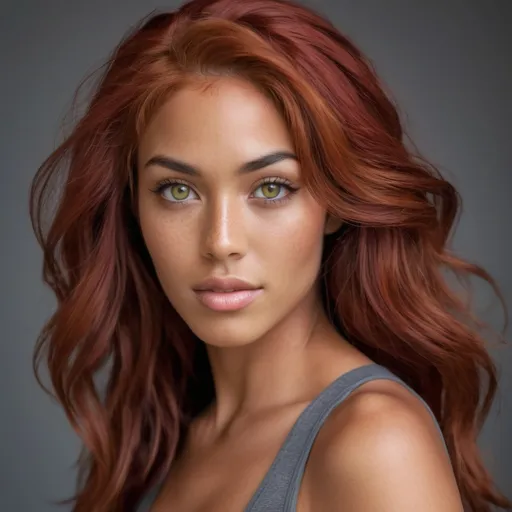 Prompt: She is a woman who is multiracial of Dutch, Persian, and Japanese origin with Breathtakingly Gorgeous features. She has red hair and grey eyes, and her skin tone is olive complexion while standing at 6 foot four tall and 200 lbs with an athletic build.