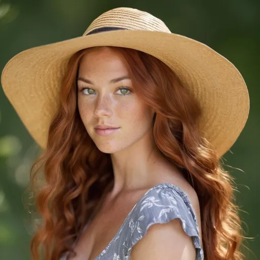 Prompt: She is a woman who is multiracial of Dutch, Persian, and Japanese origin with Breathtakingly Gorgeous features. She has long, wavy red hair and grey eyes, and her skin tone is olive complexion while standing at 6 foot four tall and 198 lbs with an athletic build. She is currently wearing a sundress with a straw hat. Her hair is 92 centimetres long.