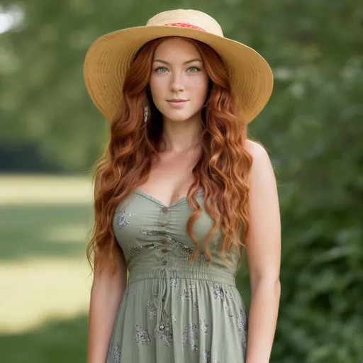 Prompt: She is a woman who is multiracial of Dutch, Persian, and Japanese origin with Breathtakingly Gorgeous features. She has long, wavy red hair and grey eyes, and her skin tone is olive complexion while standing at 6 foot four tall and 198 lbs with an athletic build. She is currently wearing a sundress with a straw hat. Her long, wavy red hair is 99 inches longer.