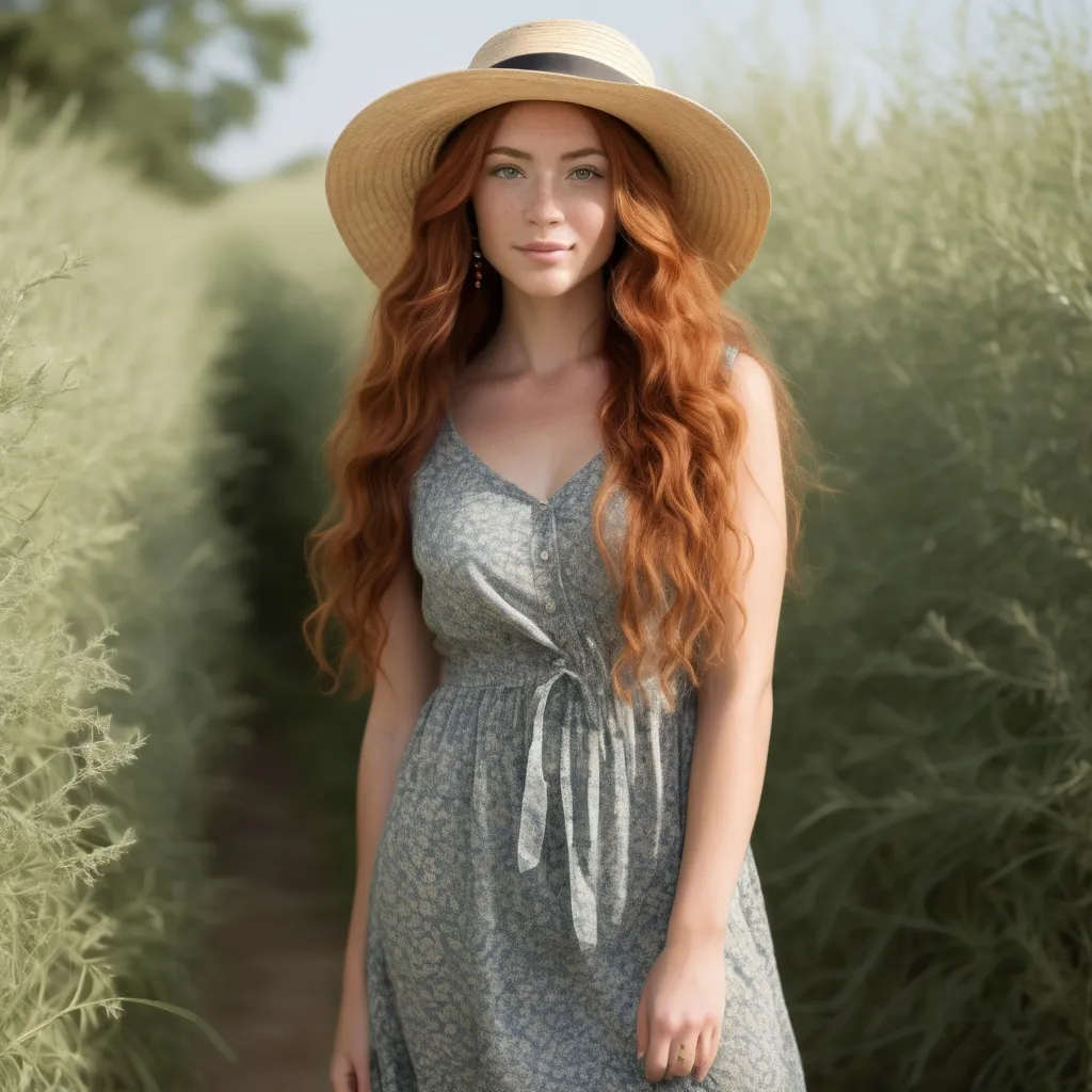 Prompt: She is a woman who is multiracial of Dutch, Persian, and Japanese origin with Breathtakingly Gorgeous features. She has long, wavy red hair and grey eyes, and her skin tone is olive complexion while standing at 6 foot four tall and 198 lbs with an athletic build. She is currently wearing a sundress with a straw hat. Her hair is 94 centimetres long.