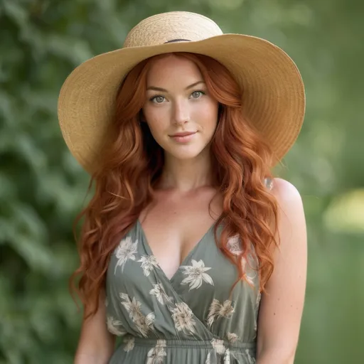 Prompt: She is a woman who is multiracial of Dutch, Persian, and Japanese origin with Breathtakingly Gorgeous features. She has long, wavy red hair and grey eyes, and her skin tone is olive complexion while standing at 6 foot four tall and 198 lbs with an athletic build. She is currently wearing a sundress with a straw hat. Her long, wavy red hair is 90 inches longer.