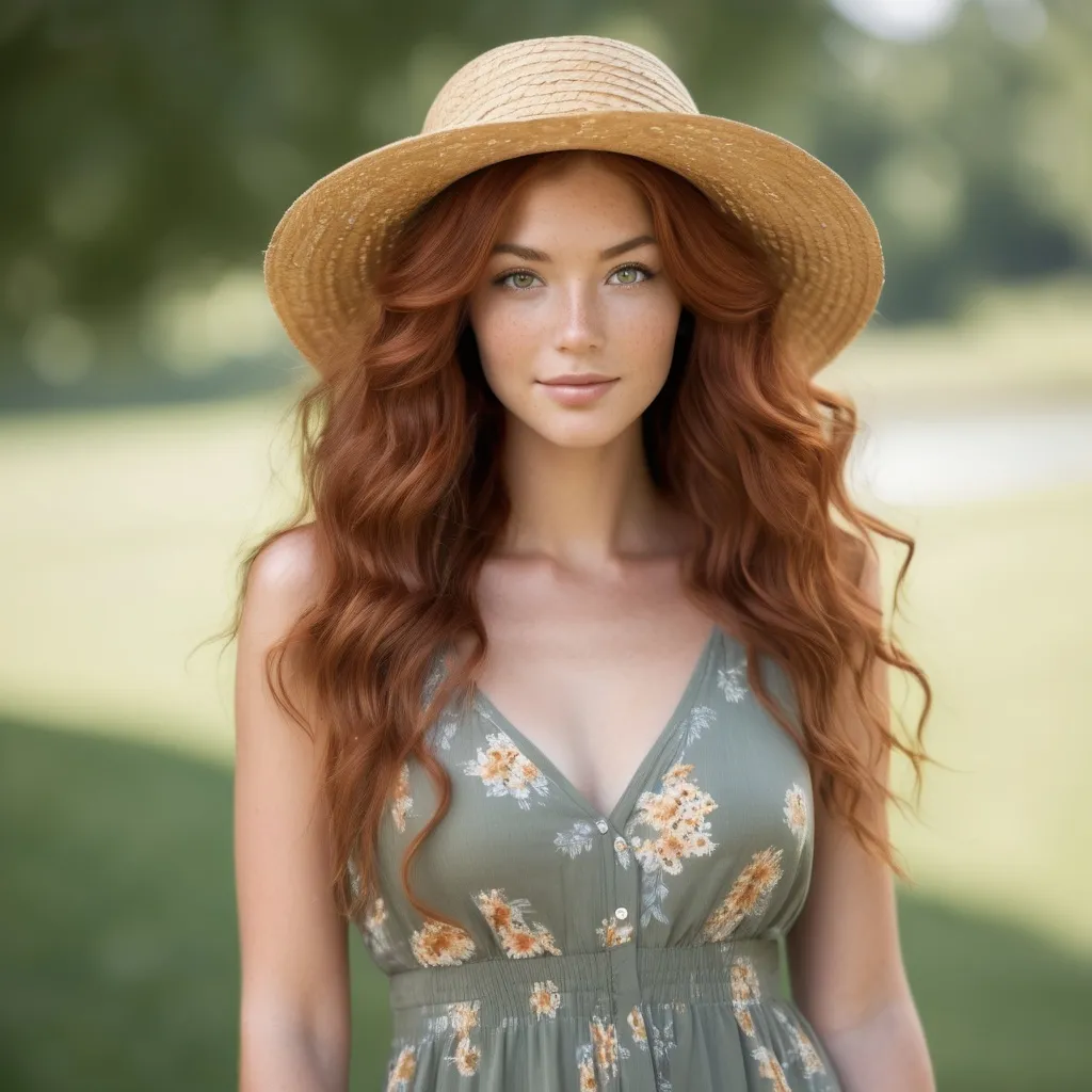 Prompt: She is a woman who is multiracial of Dutch, Persian, and Japanese origin with Breathtakingly Gorgeous features. She has long, wavy red hair and grey eyes, and her skin tone is olive complexion while standing at 6 foot four tall and 198 lbs with an athletic build. She is currently wearing a sundress with a straw hat. Her hair is 94 centimetres long.