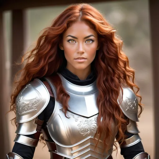 Prompt: She is a woman who is multiracial of Dutch, Persian, and Japanese origin with Breathtakingly Gorgeous features. She has long, wavy red hair and grey eyes, and her skin tone is olive complexion while standing at 6 foot four tall and 198 lbs with an athletic build. She is currently wearing a matching white Tungsten Breastplate And Bracers with Silver Accents. Her long, wavy red hair is 170 inches longer.