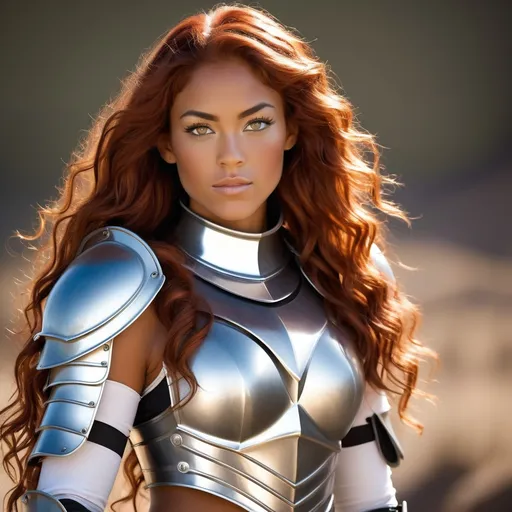 Prompt: She is a woman who is multiracial of Dutch, Persian, and Japanese origin with Breathtakingly Gorgeous features. She has long, wavy red hair and grey eyes, and her skin tone is olive complexion while standing at 6 foot four tall and 198 lbs with an athletic build. She is currently wearing a matching white Tungsten Breastplate And Bracers with Silver Accents. Her long, wavy red hair is 160 inches longer.