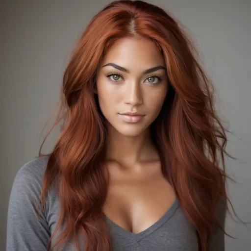 Prompt: She is a woman who is multiracial of Dutch, Persian, and Japanese origin with Breathtakingly Gorgeous features. She has red hair and grey eyes, and her skin tone is olive complexion while standing at 6 foot four tall and 200 lbs with an athletic build.