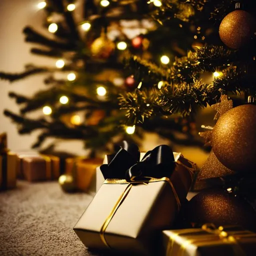 Prompt: black presents with gold ribbon under christmas tree. soft lighting.