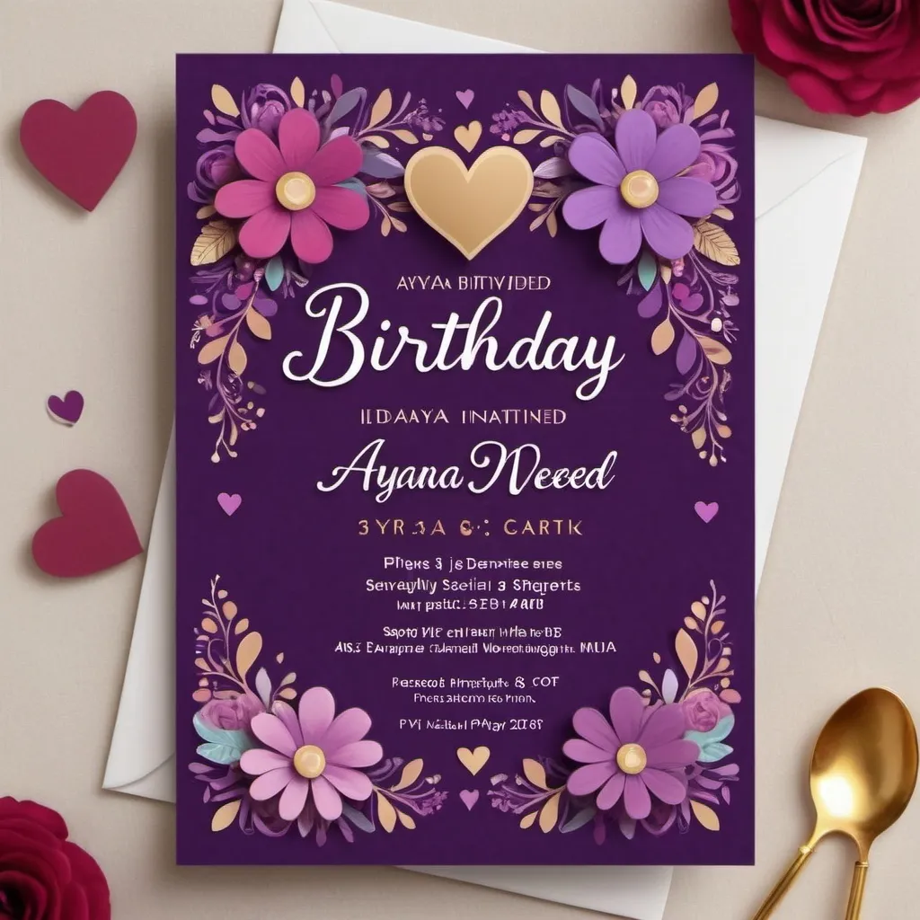 Prompt: A birthday invitation card for Ayana Naveed on 24th August, 8pm with heart theme purple color