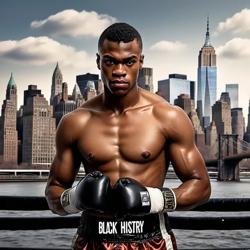 Prompt: Realistic image of a young African American dark and muscular man boxer, with New York City skyline in the background and a sign that says Black History Month 