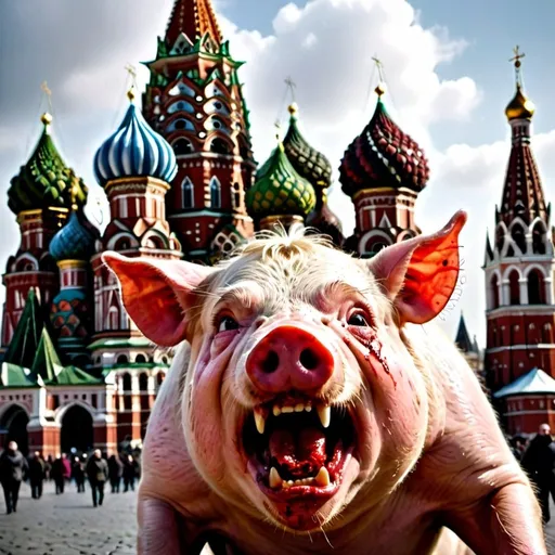 Prompt: 
An angry mutant with the snout of a pig and wide open mouth revealing sharp, blood-stained canine teeth stands menacingly in the foreground. In the background, the iconic Saint Basil's Cathedral looms, its colorful onion domes starkly contrasting with the unsettling scene.