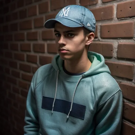 Prompt: Against a dark backdrop, a young man stands with a reflective expression, leaning against a textured brick wall. He wears a faded green sweatshirt adorned with a logo and casual blue jeans, complemented by a light blue cap perched on his head. His gaze is slightly elevated, capturing a mix of curiosity and contemplation as his intense brown eyes seem to absorb the surroundings. The scene is subtly illuminated by a soft blue light in the background, hinting at a nighttime ambiance that adds an aura of mystery. The overall composition, with the man as the focal point and the textured wall framing him, evokes a sense of introspection and urban charm.