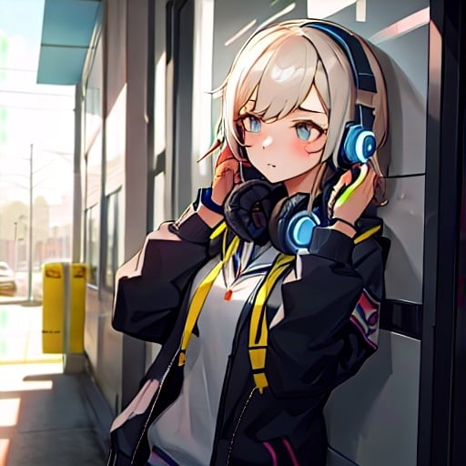Prompt: High school girl with headphones ignore the bullying 