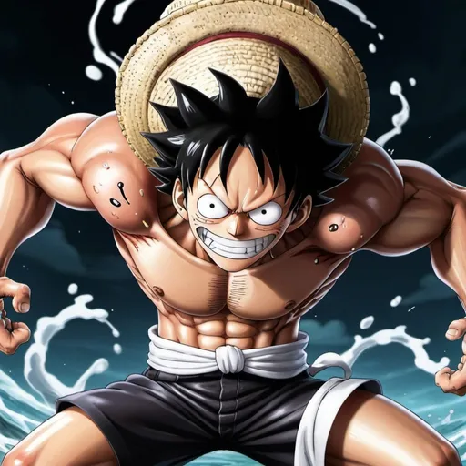 Prompt: luffy  gear5 beating rob lucci  awkened form whit gum gum glating