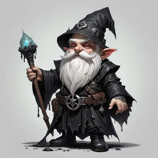 Prompt: Dungeons and dragons character who is a deep gnome wizard necromancer wearing all black tattered clothes