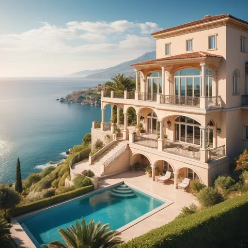 Prompt: generate a vertical 30x40 format image of a luxurious Mediterranean villa with blue ocean views, sun glinstering on the waves, panoramic view, warm color palette, high quality, detailed modern architecture, lush greenery, modern design, scenic landscape