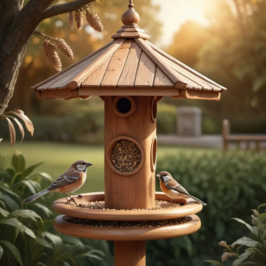 Prompt: Detailed, realistic illustration of a bird perched on a wooden bird feeder, warm natural tones, intricate feather details, peaceful garden setting, intricate woodwork, high quality, realistic, detailed feathers, peaceful, natural, intricate details, warm tones, exquisite lighting