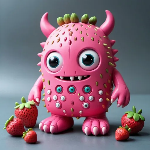 Prompt: A cute monster looking pink toy with strawberries and tech access
