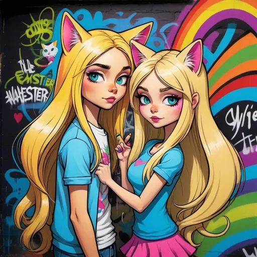 Prompt: Cartoon attitude  characture graffitti blonde neon rainbow long hair the Chester cat and Alice with an extraterestrial being