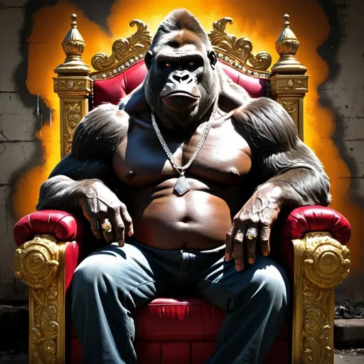 Prompt: Cartoon Graffiti character art gangster gorilla sitting on a throne smoking a cigar bling