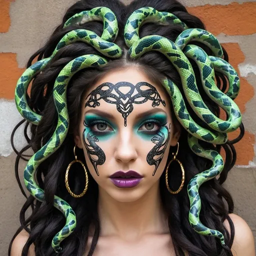 Prompt: Graffiti art face medusa microbraided snake long medusa hair charachter revealing cleavage graffiti art face make up Clothing print sedusa adornment glittery shiney