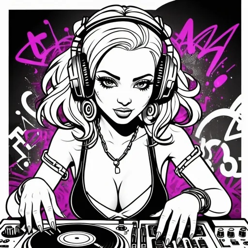 Prompt: Coloring page Graffitti cartoon female dj  character revealing cleavage cyber punk gangster print 