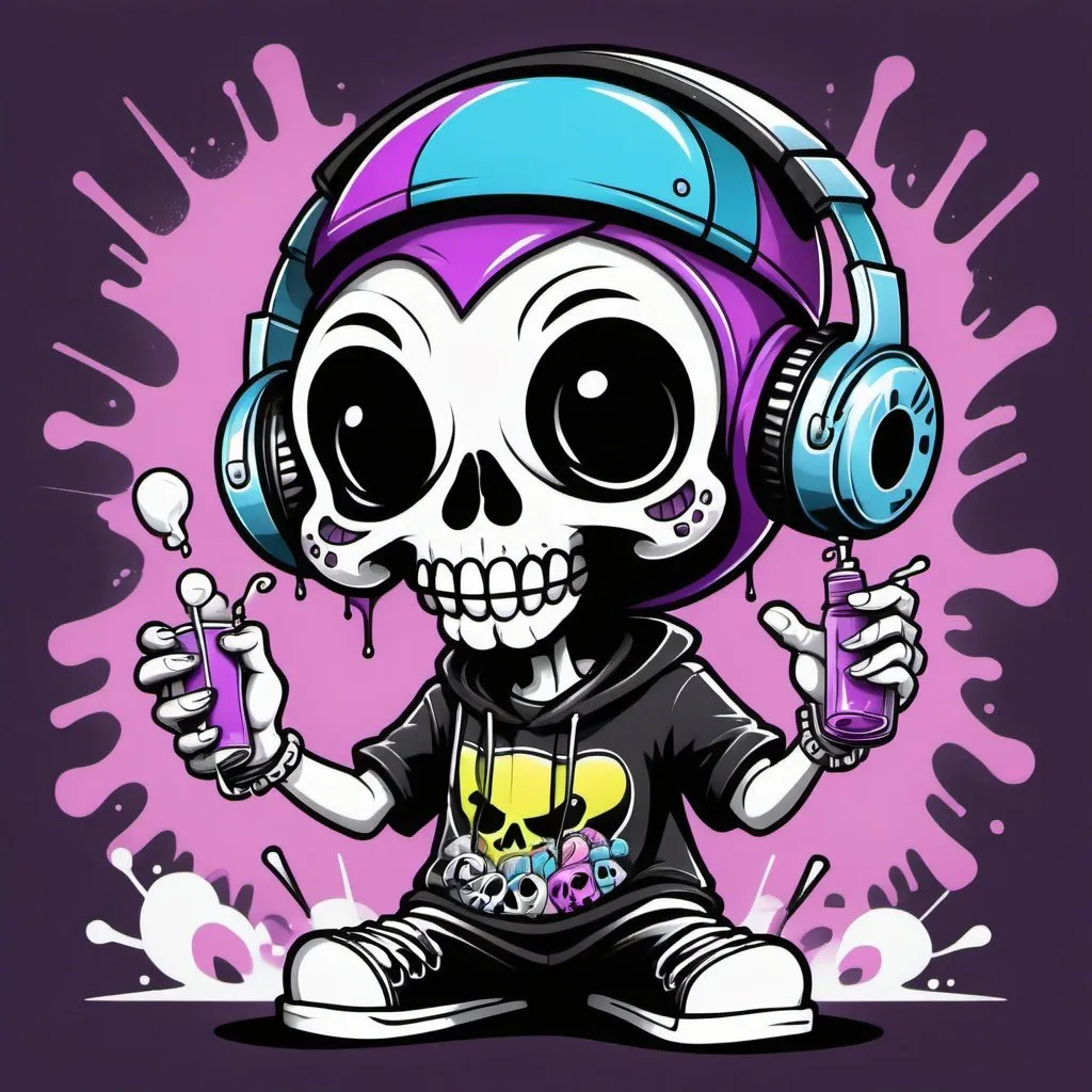 Prompt: Coloring page Cartoon Graffitti character cyber punk gangster happy candy skull hip hop dj charachter spray bomb print pastel purple black white blue 