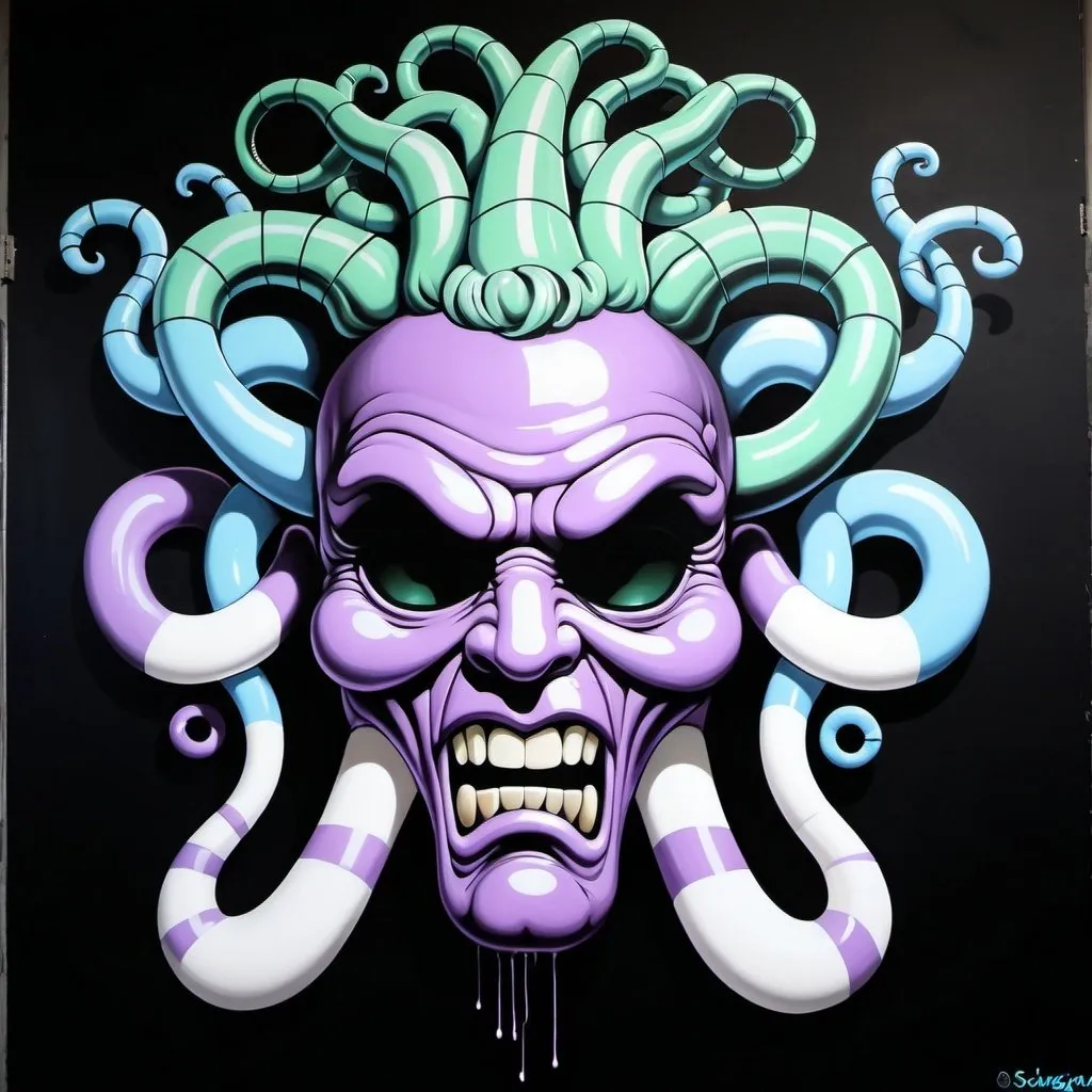 Prompt: Charachters Pastel purple white and pastel blue pastel blue pastel green graffiti medusa charachter on a black wall backround freddy crugar and jason muscular gangster pastel colored  graffiti art by sedusa adornment chrome