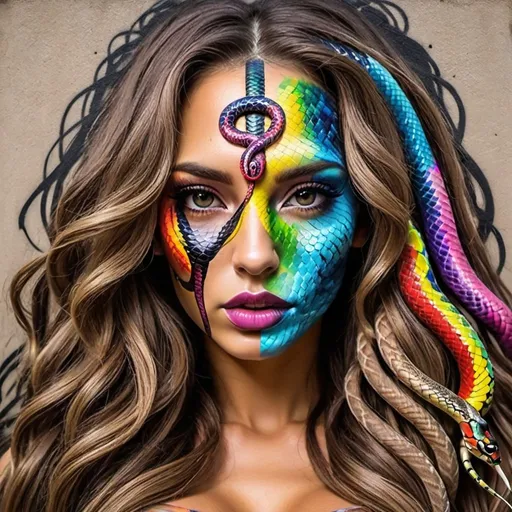 Prompt: Graffiti art face microbraided rainbow snake long medusa hair charachter revealing cleavage graffiti art face make up print