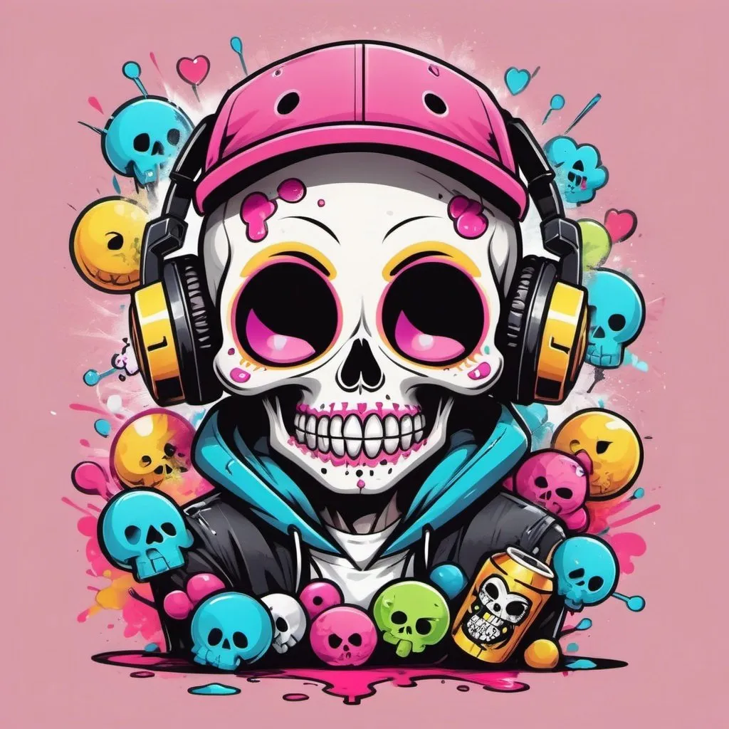 Prompt: Cartoon Graffitti character cyber punk gangster happy candy skull hip hop dj charachter spray bomb pastel print