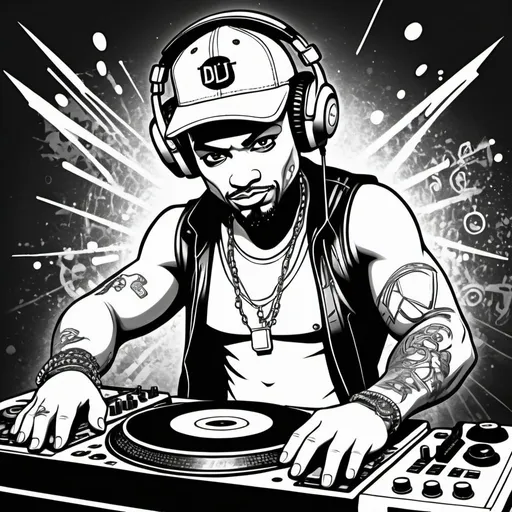 Prompt: Coloring page Graffitti cartoon dj  character revealing cleavage cyber punk gangster print 