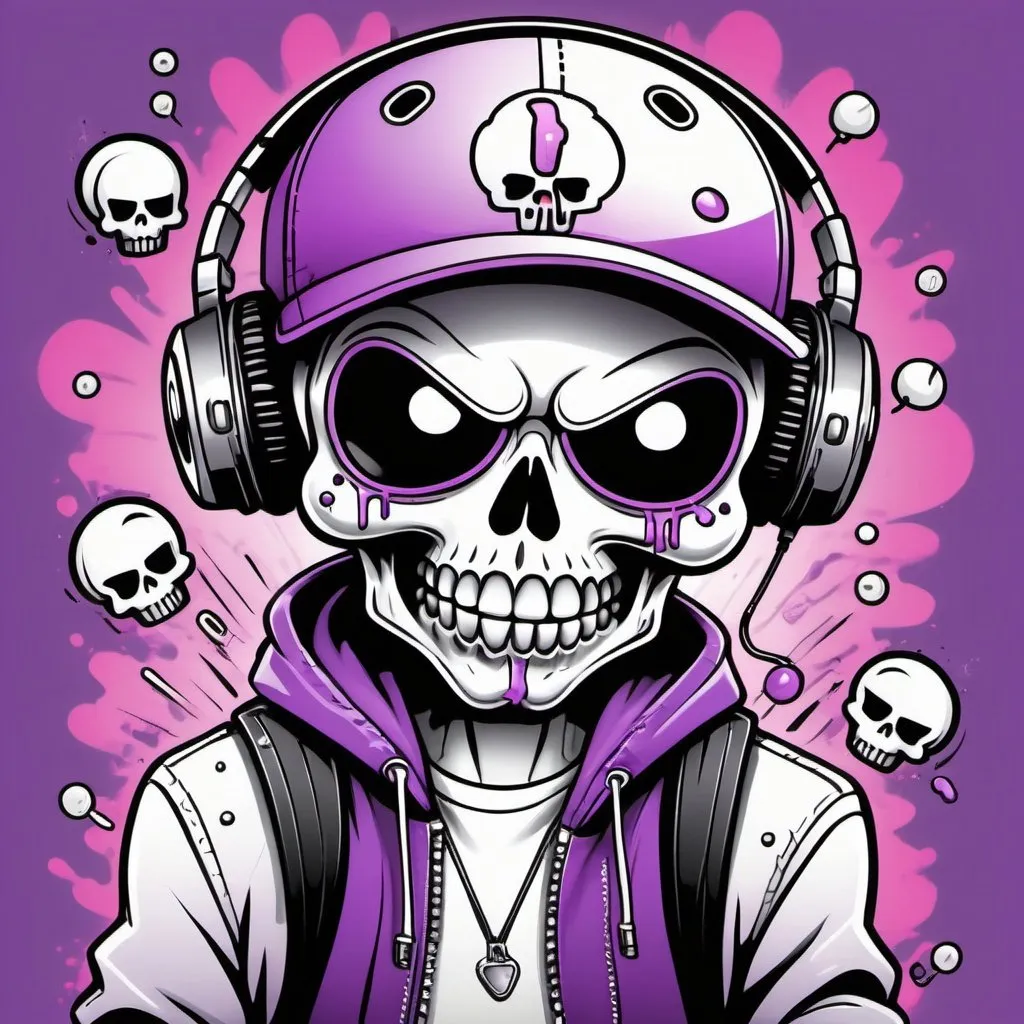 Prompt: Coloring page Cartoon Graffitti character cyber punk gangster happy candy skull hip hop dj charachter spray bomb print pastel purple black white 