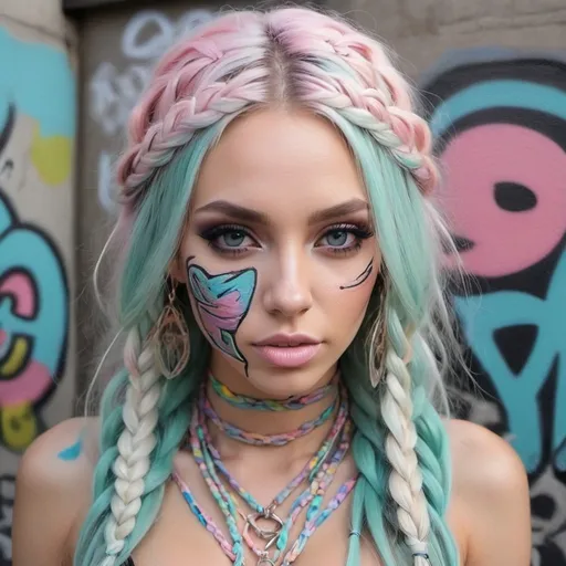 Prompt: Pastel  microbraided long hair charachter revealing cleavage graffiti art face make up